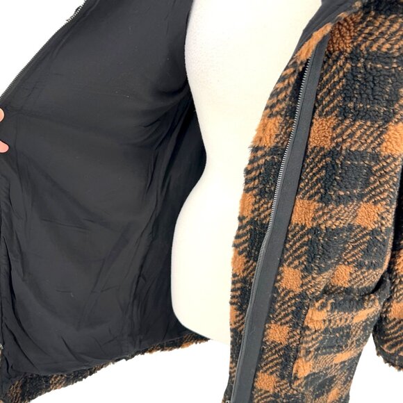 Saltwater Luxe Plaid Faux Fur Coat Black Brown Cinnamon Size Small NWT - Picture 12 of 16